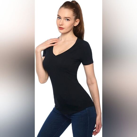 AmélieBoutik Women Slim Fit Chest Pocket Shirt V Neck Short Sleeve Basic Top L - Picture 3 of 10